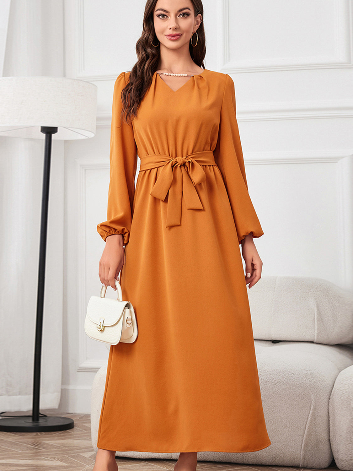 Tie Waist Puff Sleeve Maxi Dress