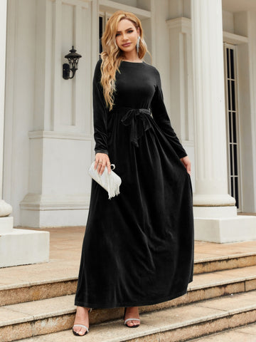 Tie Front Round Neck Long Sleeve Maxi Dress