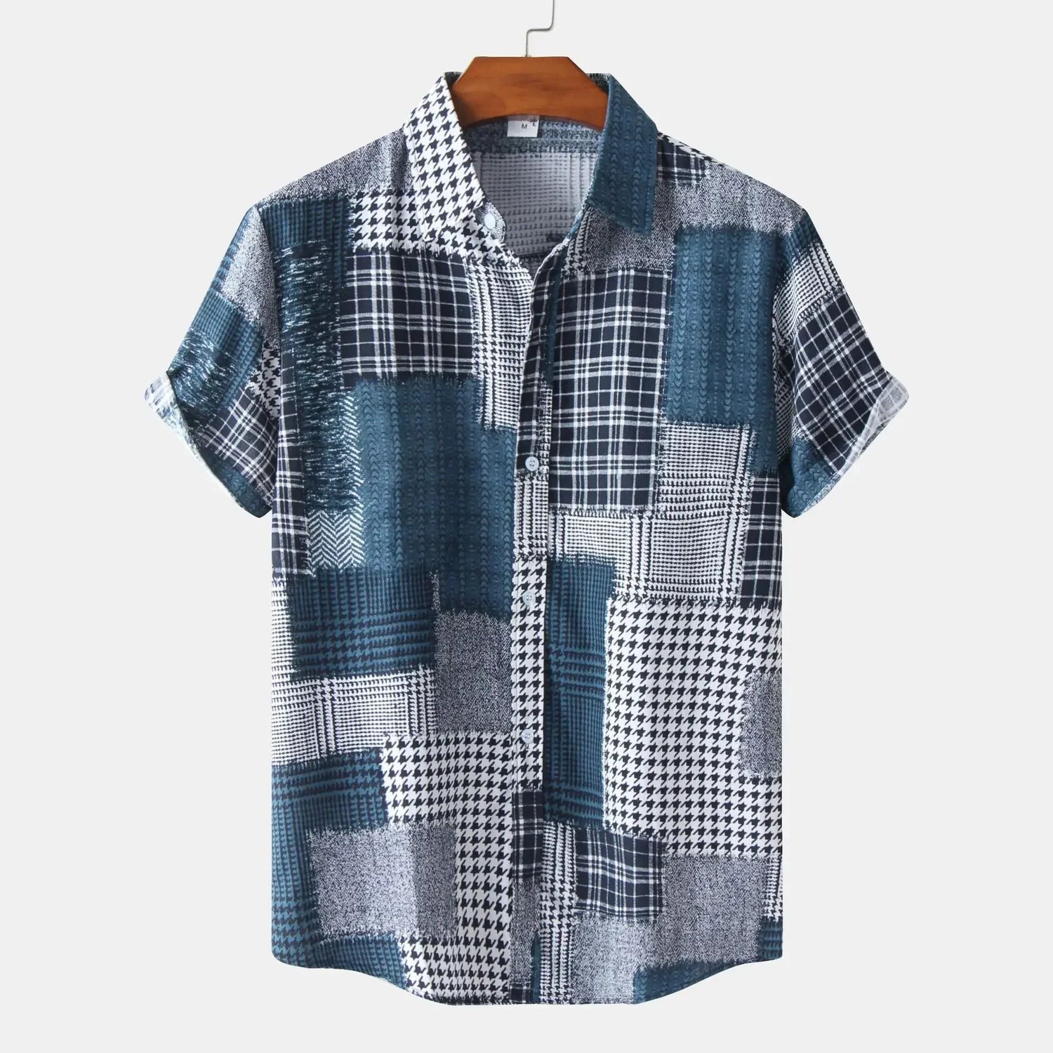 Unisex Patchwork Printed Short Sleeve Casual Button Shirt - washunova